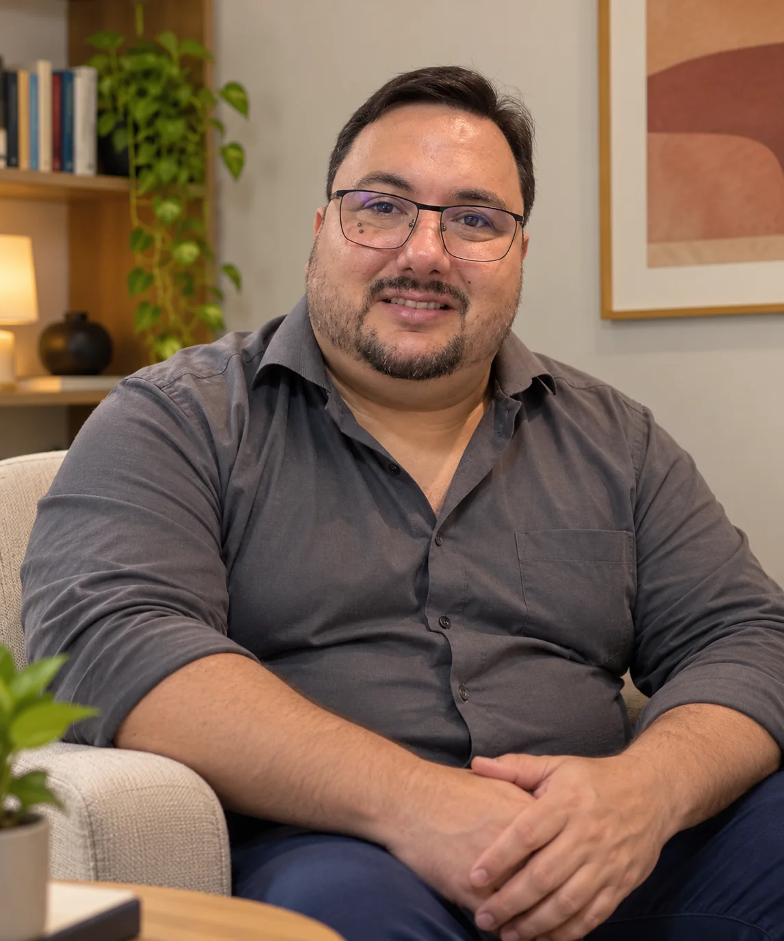 Retrato digital inspirado em fotografias de Eduardo César Soares Dantas, sentado em uma poltrona; imagem criada com inteligência artificial